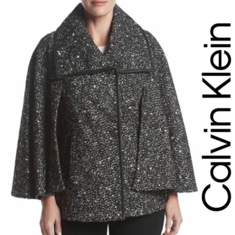 Calvin Klein Black/White Poncho Jacket Leather/ Pea Coat - Size S/M 292